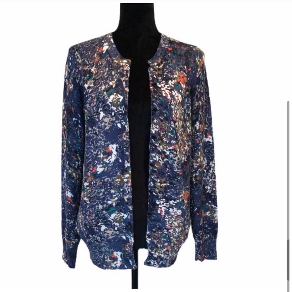 Cyrus button front abstract colorful print knit long sleeve cardigan size medium
